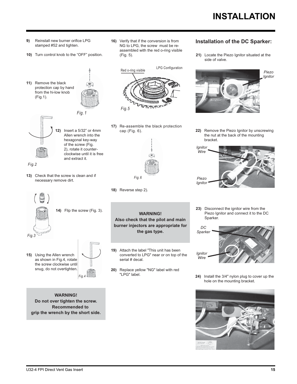 Installation, Installation of the dc sparker | Regency NATURAL GAS U32-NG4 User Manual | Page 15 / 40