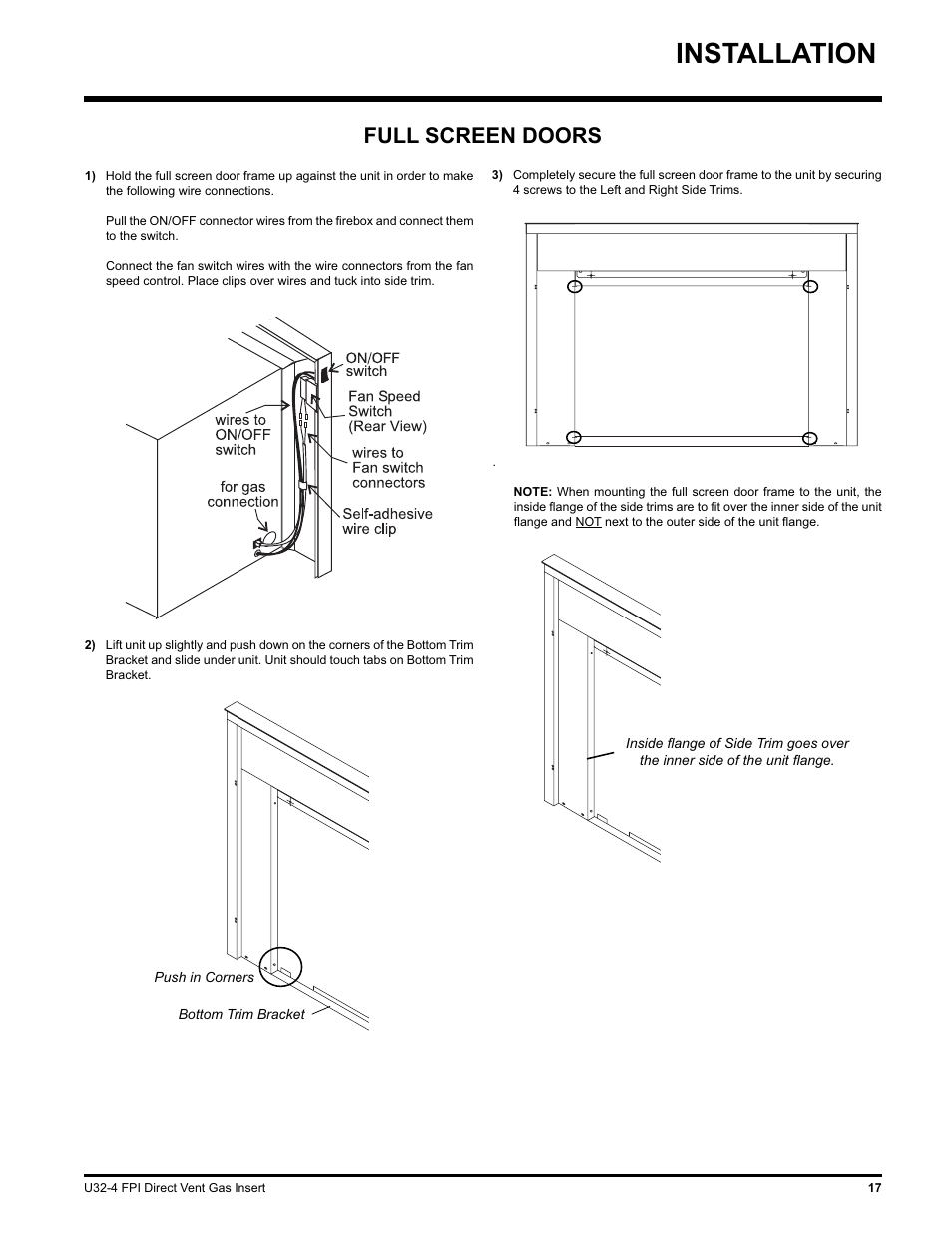 Installation, Full screen doors | Regency NATURAL GAS U32-NG4 User Manual | Page 17 / 40