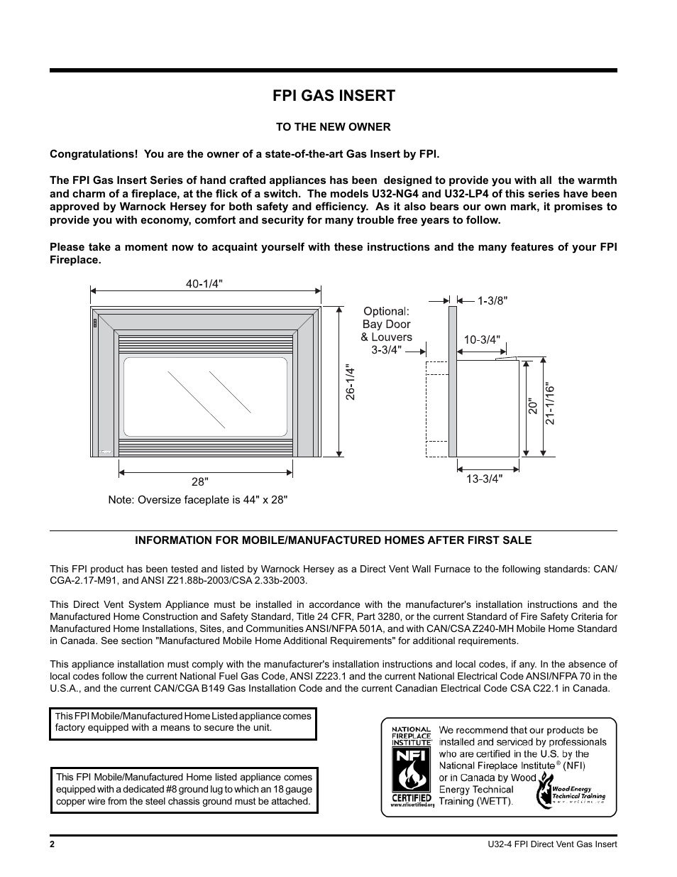 Fpi gas insert | Regency NATURAL GAS U32-NG4 User Manual | Page 2 / 40