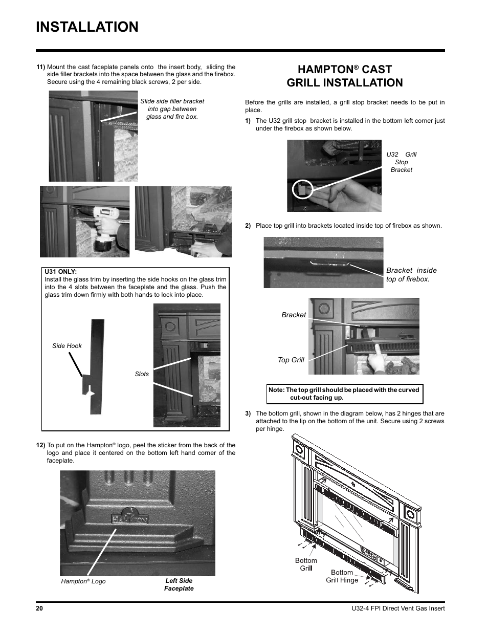 Installation, Hampton, Cast grill installation | Regency NATURAL GAS U32-NG4 User Manual | Page 20 / 40