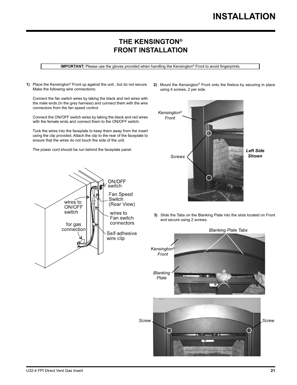 Installation, The kensington, Front installation | Regency NATURAL GAS U32-NG4 User Manual | Page 21 / 40
