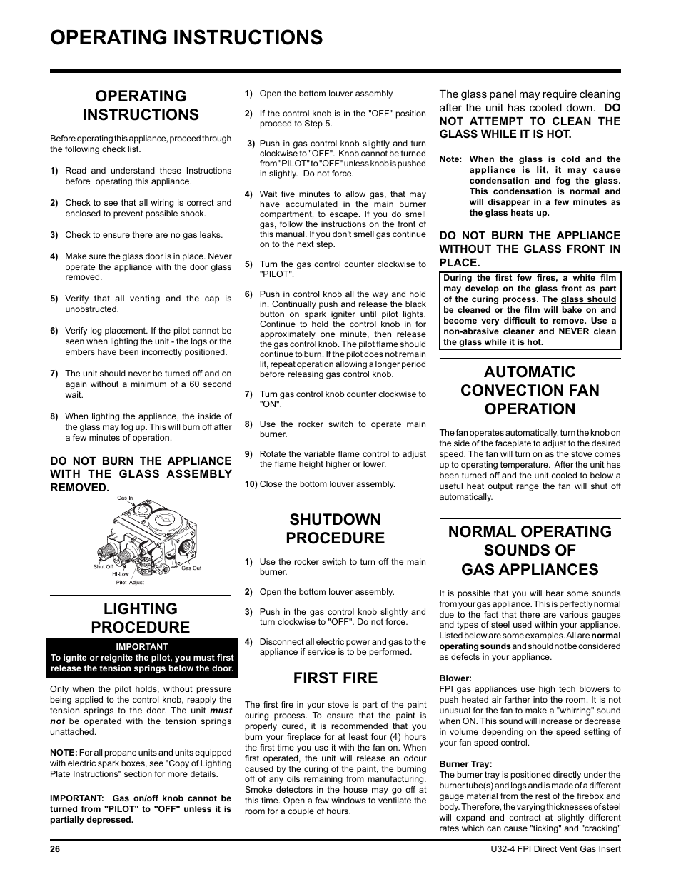 Operating instructions, Automatic convection fan operation, Normal operating sounds of gas appliances | Shutdown procedure, Lighting procedure first fire | Regency NATURAL GAS U32-NG4 User Manual | Page 26 / 40