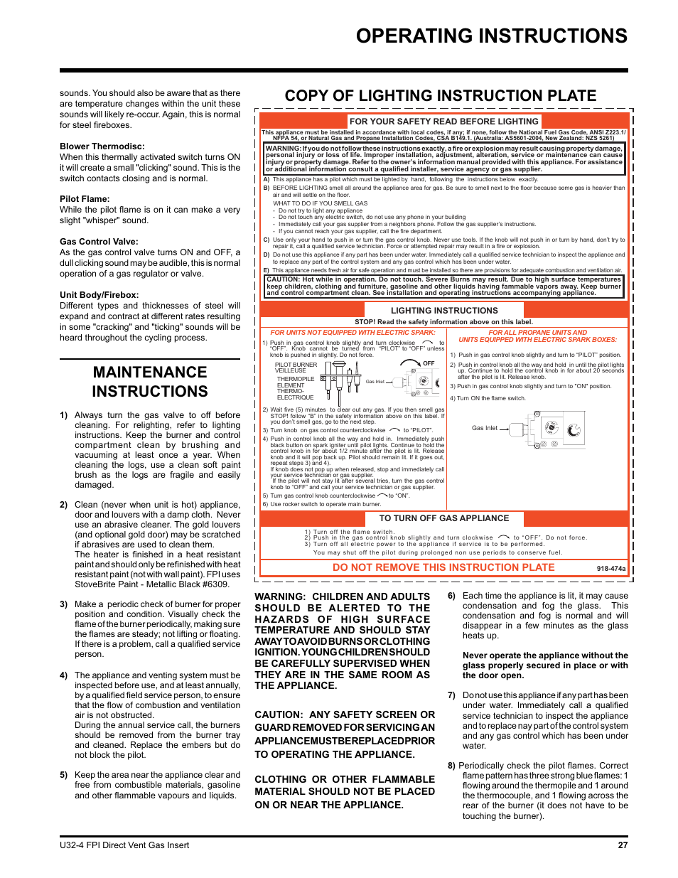 Operating instructions, Copy of lighting instruction plate, Maintenance instructions | Do not remove this instruction plate | Regency NATURAL GAS U32-NG4 User Manual | Page 27 / 40