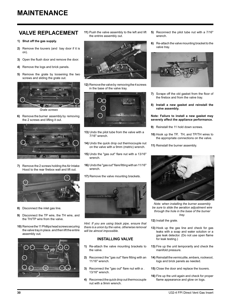 Maintenance, Valve replacement | Regency NATURAL GAS U32-NG4 User Manual | Page 30 / 40