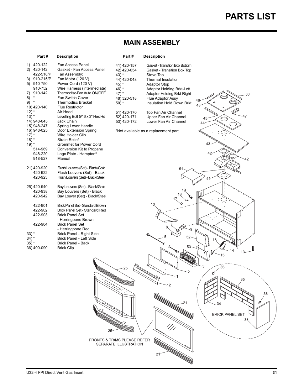 Parts list, Main assembly | Regency NATURAL GAS U32-NG4 User Manual | Page 31 / 40