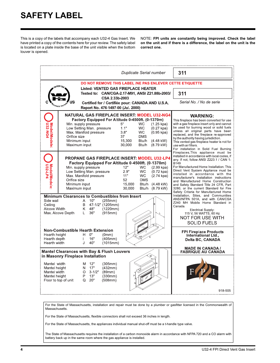 Safety label | Regency NATURAL GAS U32-NG4 User Manual | Page 4 / 40