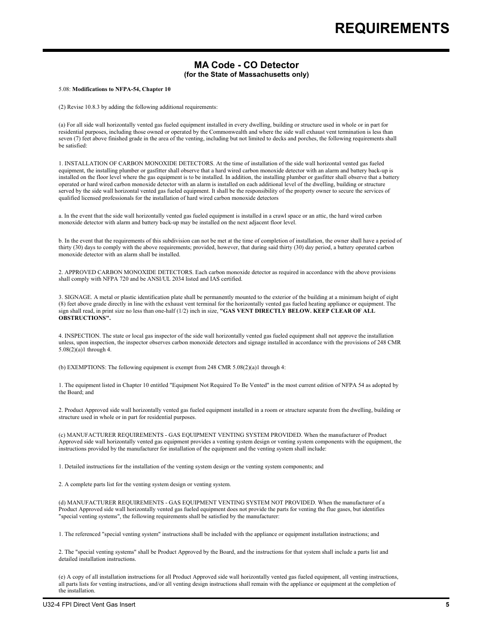 Requirements, Ma code - co detector | Regency NATURAL GAS U32-NG4 User Manual | Page 5 / 40