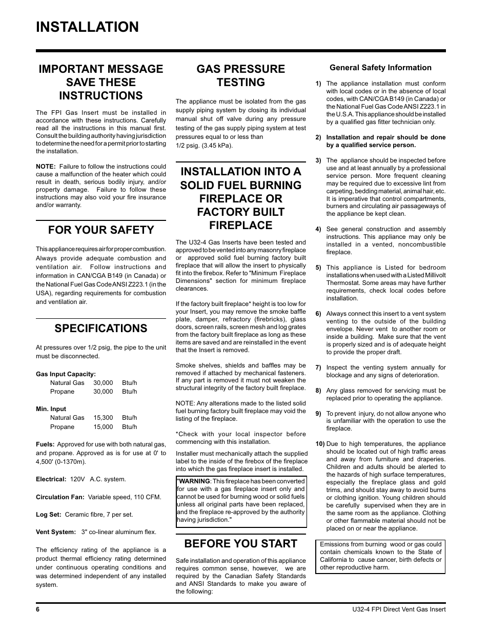 Installation, Important message save these instructions, For your safety | Specifications, Gas pressure testing, Before you start | Regency NATURAL GAS U32-NG4 User Manual | Page 6 / 40