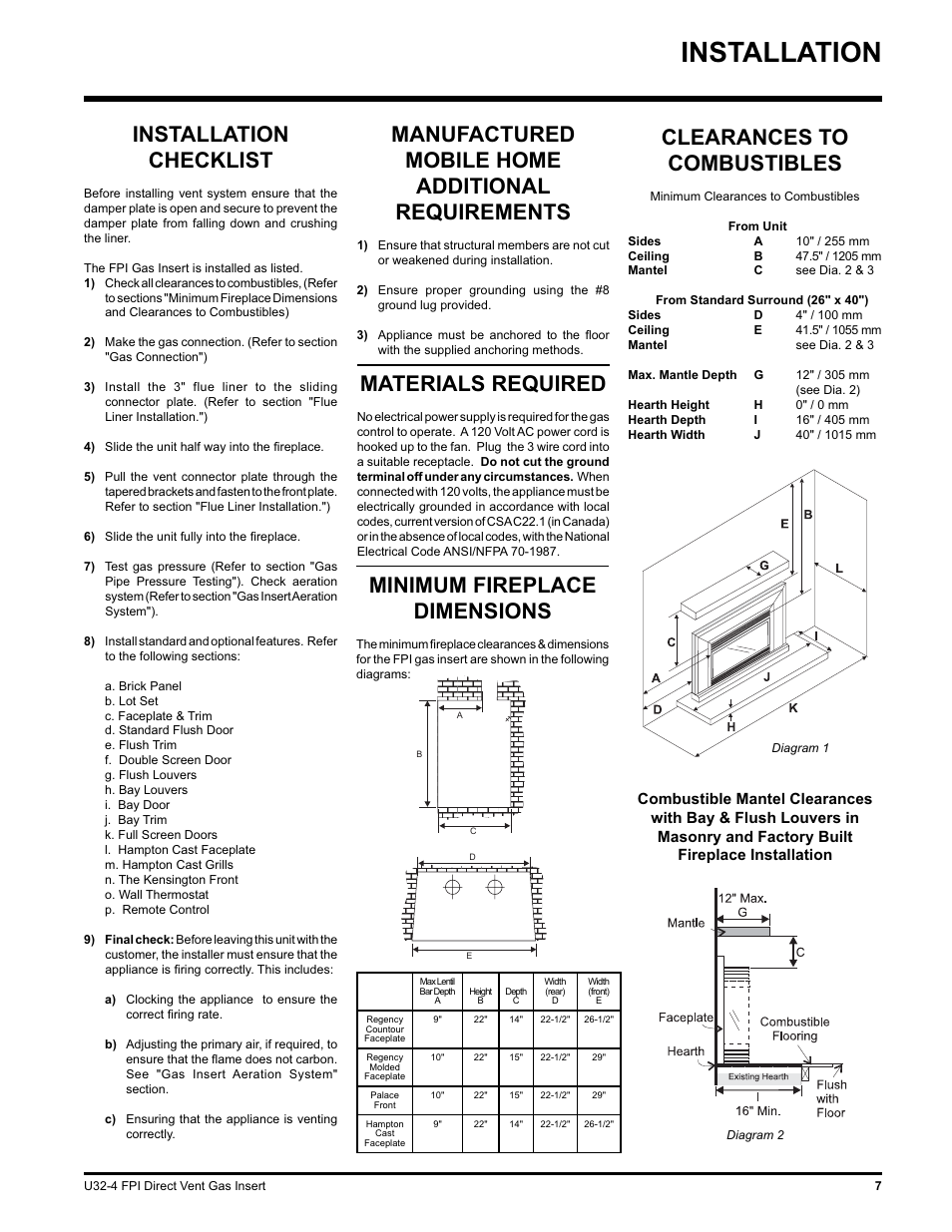 Installation, Manufactured mobile home additional requirements, Materials required | Installation checklist, Minimum fireplace dimensions, Clearances to combustibles | Regency NATURAL GAS U32-NG4 User Manual | Page 7 / 40