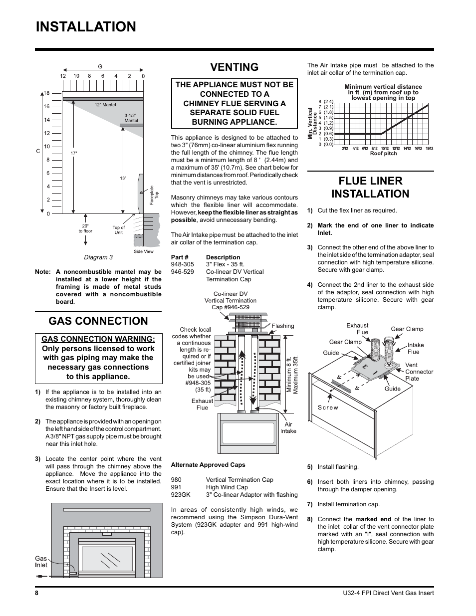 Installation, Venting, Gas connection | Flue liner installation | Regency NATURAL GAS U32-NG4 User Manual | Page 8 / 40