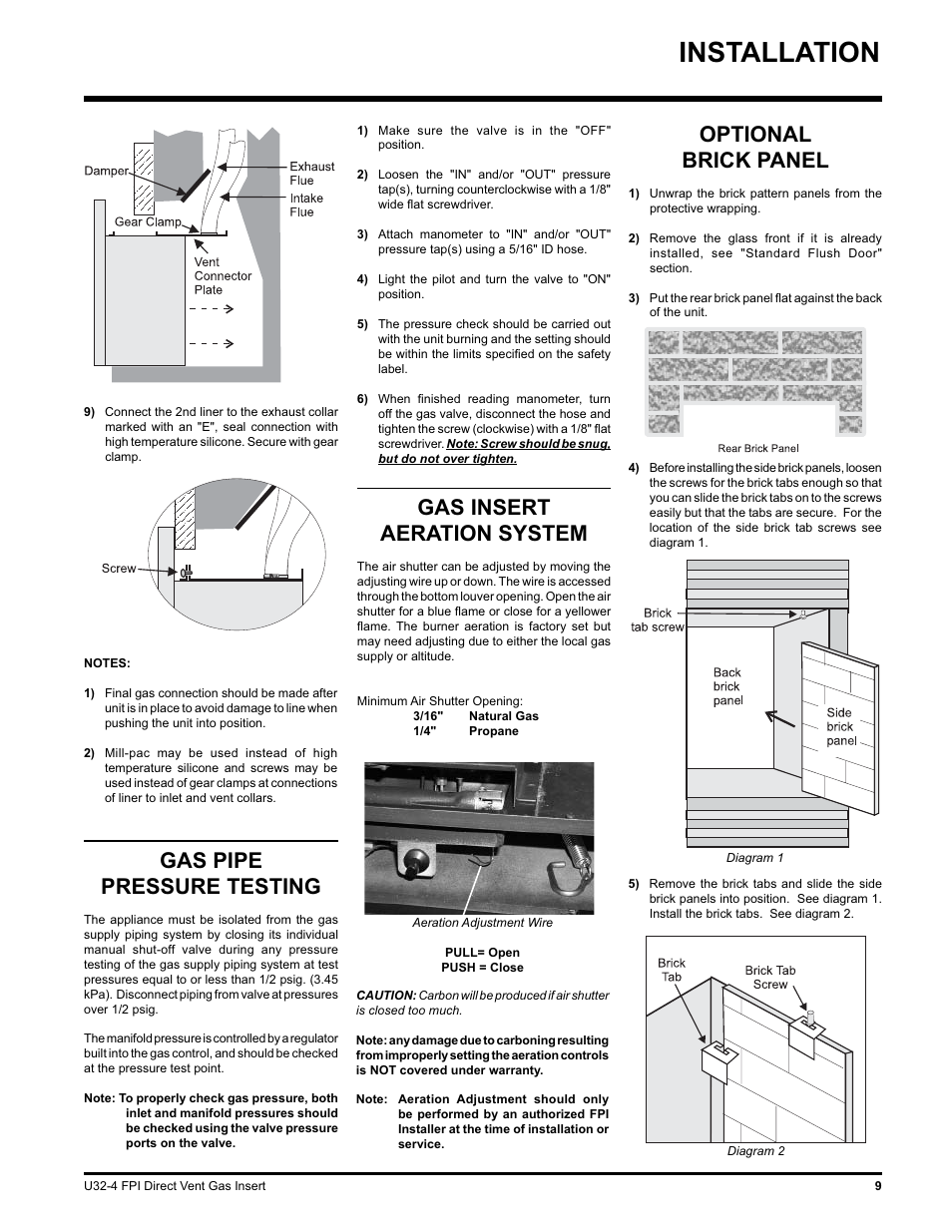 Installation, Optional brick panel, Gas pipe pressure testing | Gas insert aeration system | Regency NATURAL GAS U32-NG4 User Manual | Page 9 / 40