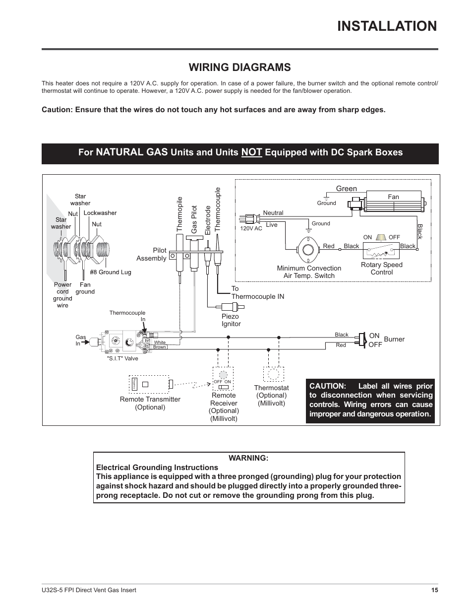 Installation, Wiring diagrams, Natural gas | Units and units, Equipped with dc spark boxes | Regency Sunrise U32S-NG5 User Manual | Page 15 / 36