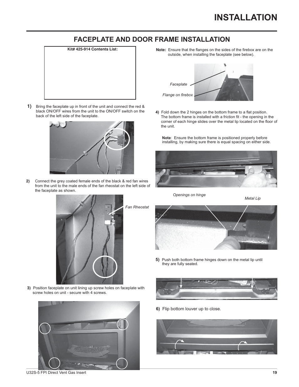 Installation, Faceplate and door frame installation | Regency Sunrise U32S-NG5 User Manual | Page 19 / 36