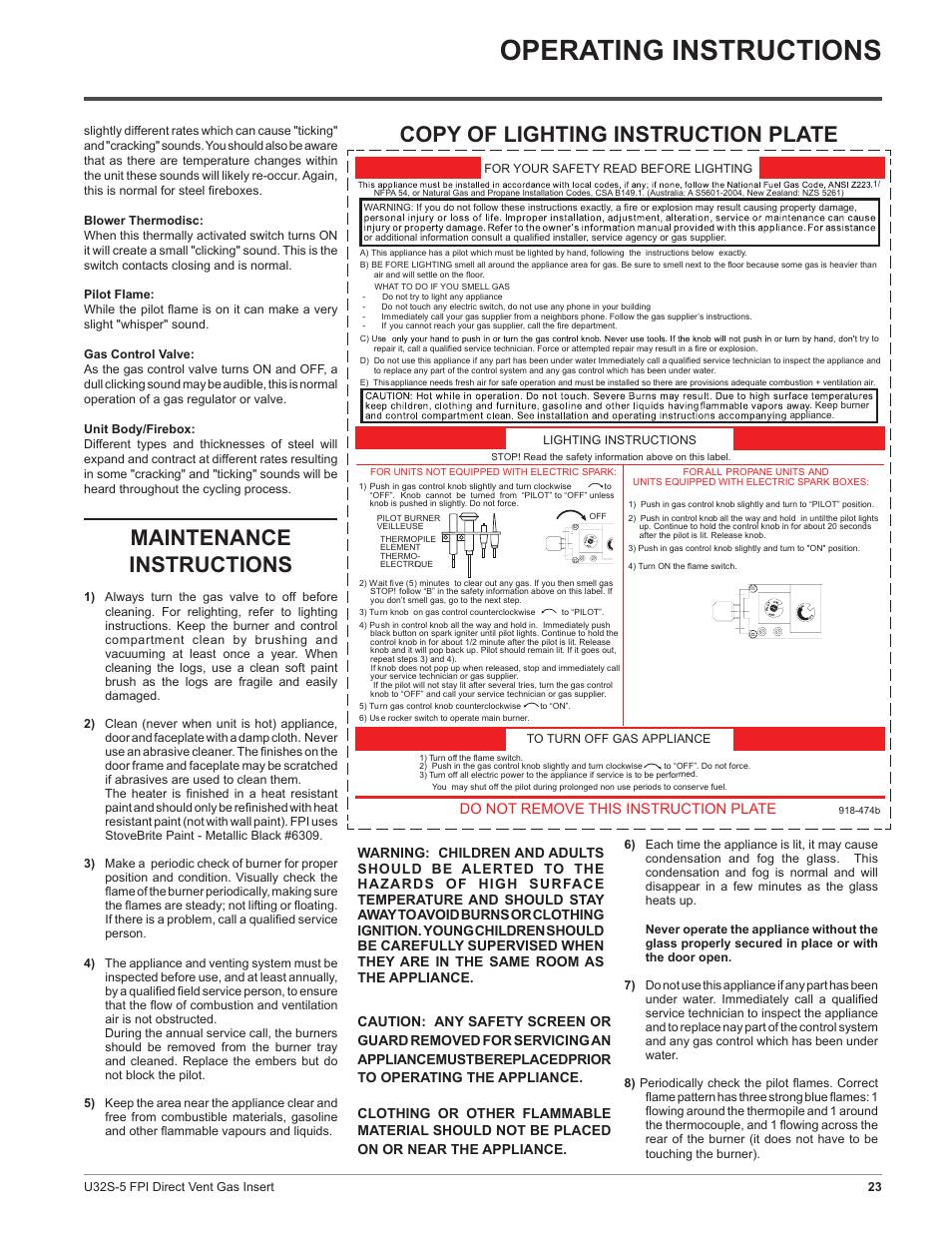 Operating instructions, Copy of lighting instruction plate, Maintenance instructions | Regency Sunrise U32S-NG5 User Manual | Page 23 / 36