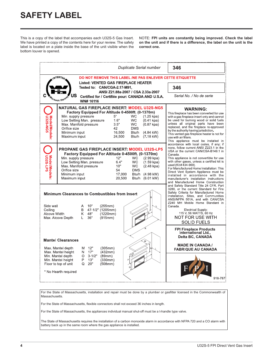 Safety label | Regency Sunrise U32S-NG5 User Manual | Page 4 / 36