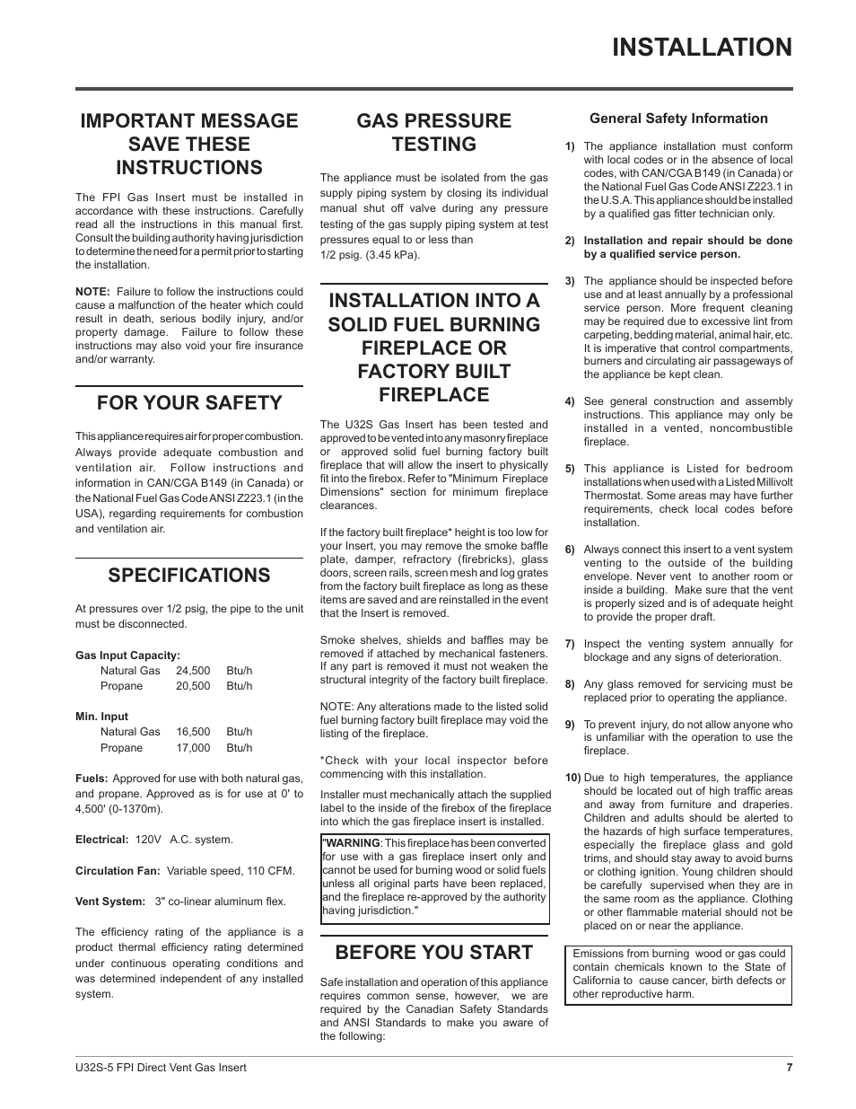 Installation, Important message save these instructions, For your safety | Specifications, Gas pressure testing, Before you start | Regency Sunrise U32S-NG5 User Manual | Page 7 / 36