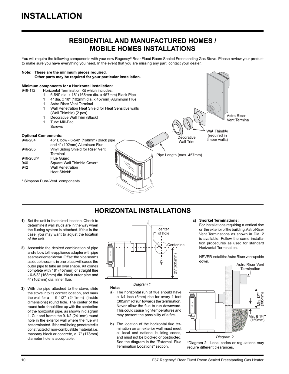 Installation, Horizontal installations | Regency F37-LPG User Manual | Page 10 / 28