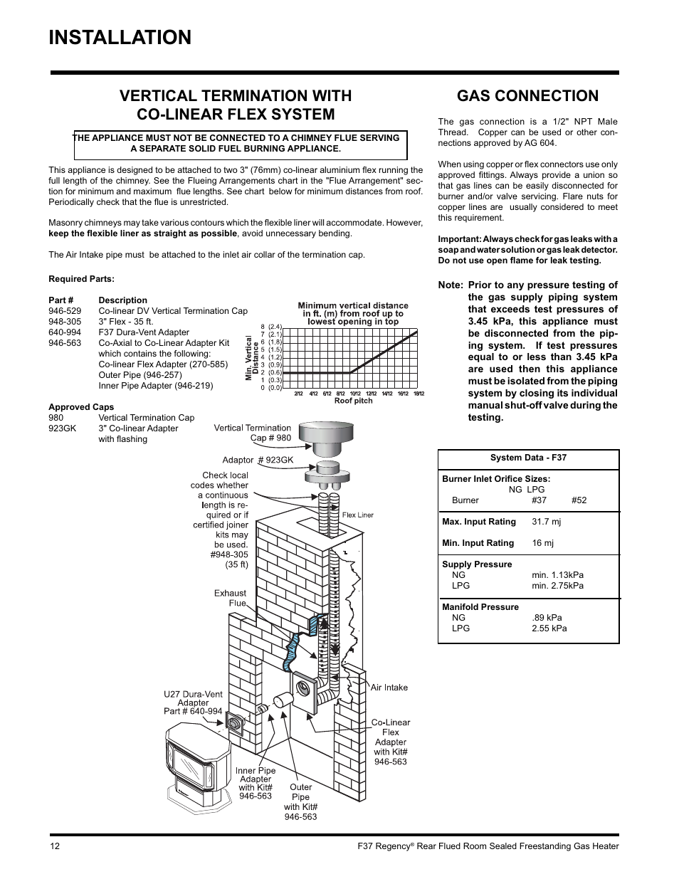 Installation, Gas connection, Vertical termination with co-linear flex system | Regency F37-LPG User Manual | Page 12 / 28