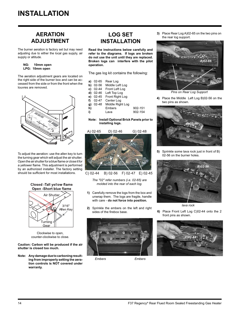 Installation, Aeration adjustment, Log set installation | Regency F37-LPG User Manual | Page 14 / 28