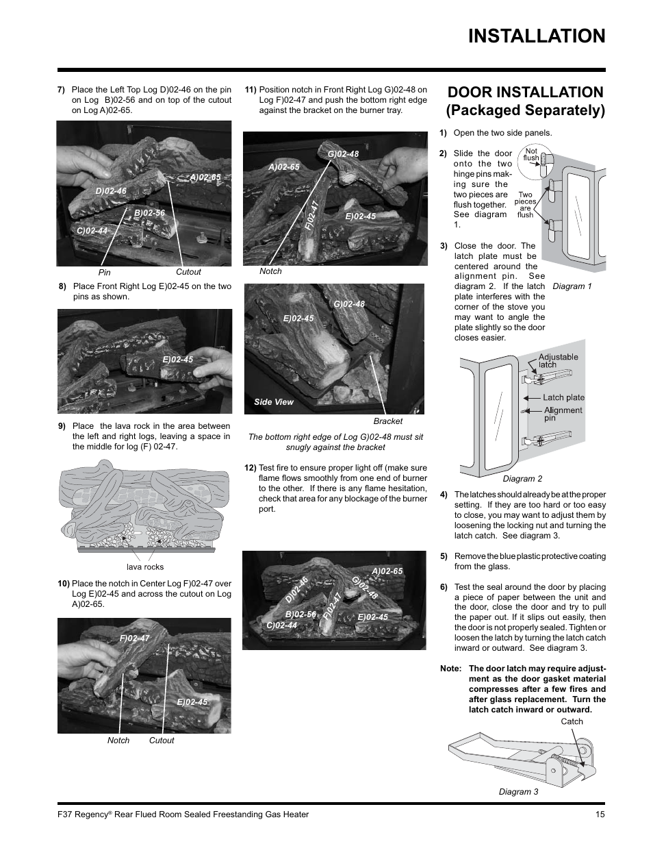 Installation, Door installation (packaged separately) | Regency F37-LPG User Manual | Page 15 / 28