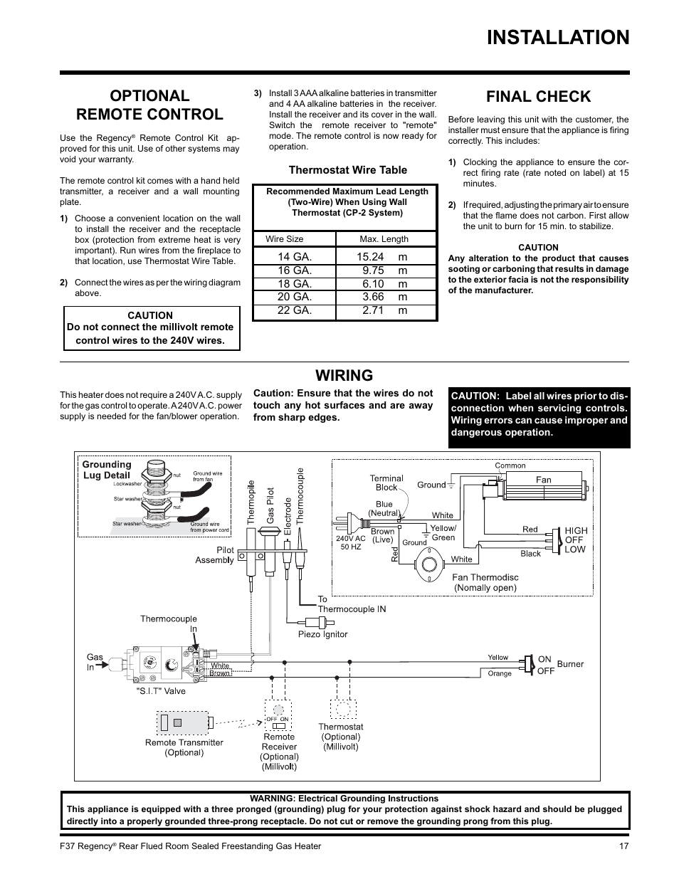 Installation, Final check, Optional remote control | Wiring | Regency F37-LPG User Manual | Page 17 / 28