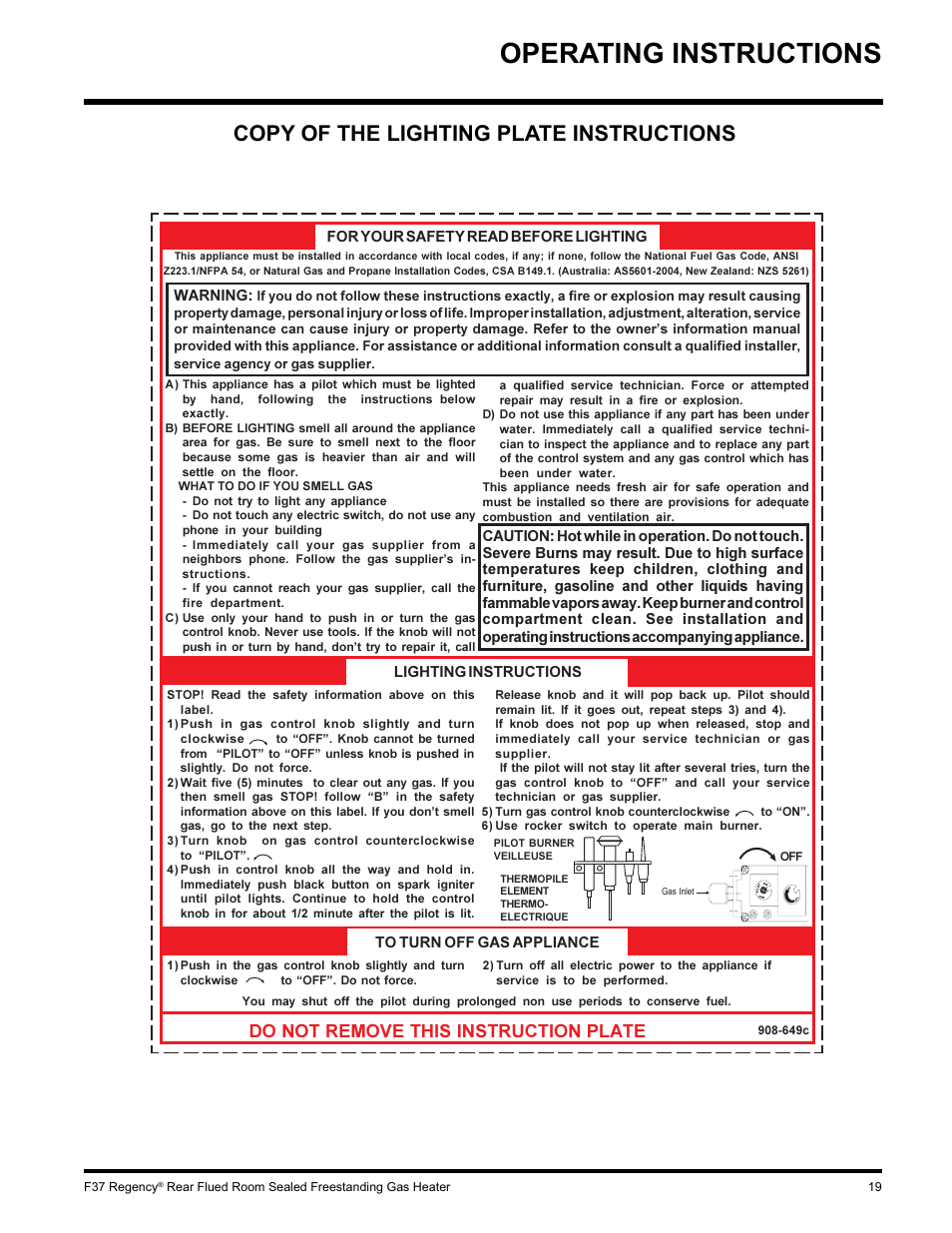 Operating instructions, Copy of the lighting plate instructions, Do not remove this instruction plate | Regency F37-LPG User Manual | Page 19 / 28