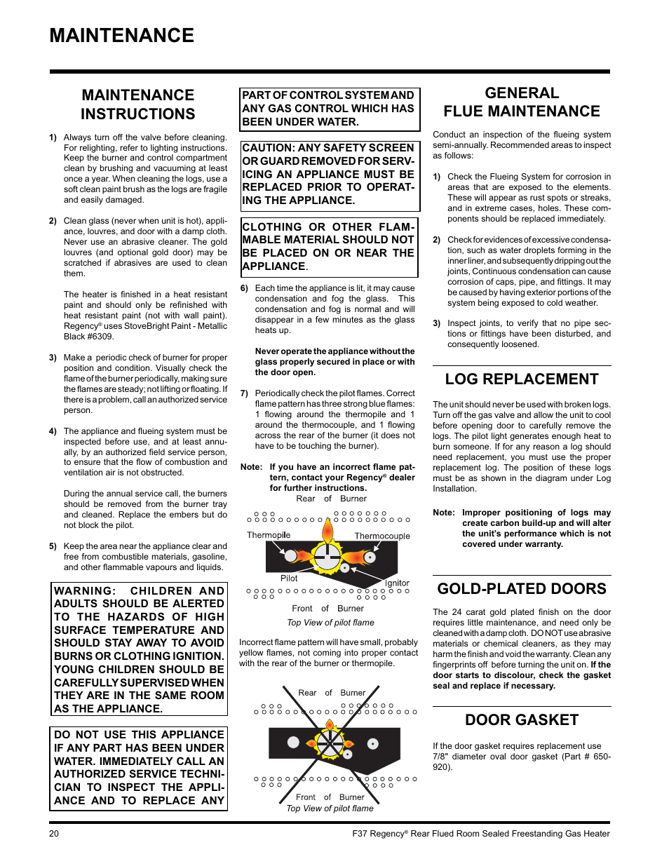 Maintenance, Maintenance instructions, General flue maintenance | Log replacement, Gold-plated doors, Door gasket | Regency F37-LPG User Manual | Page 20 / 28
