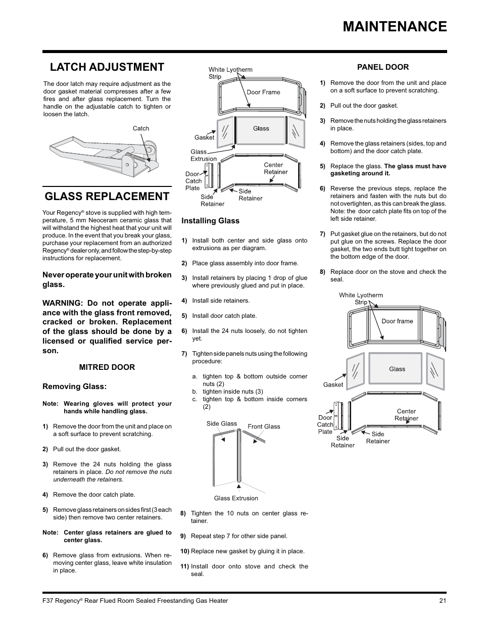 Maintenance, Latch adjustment, Glass replacement | Regency F37-LPG User Manual | Page 21 / 28