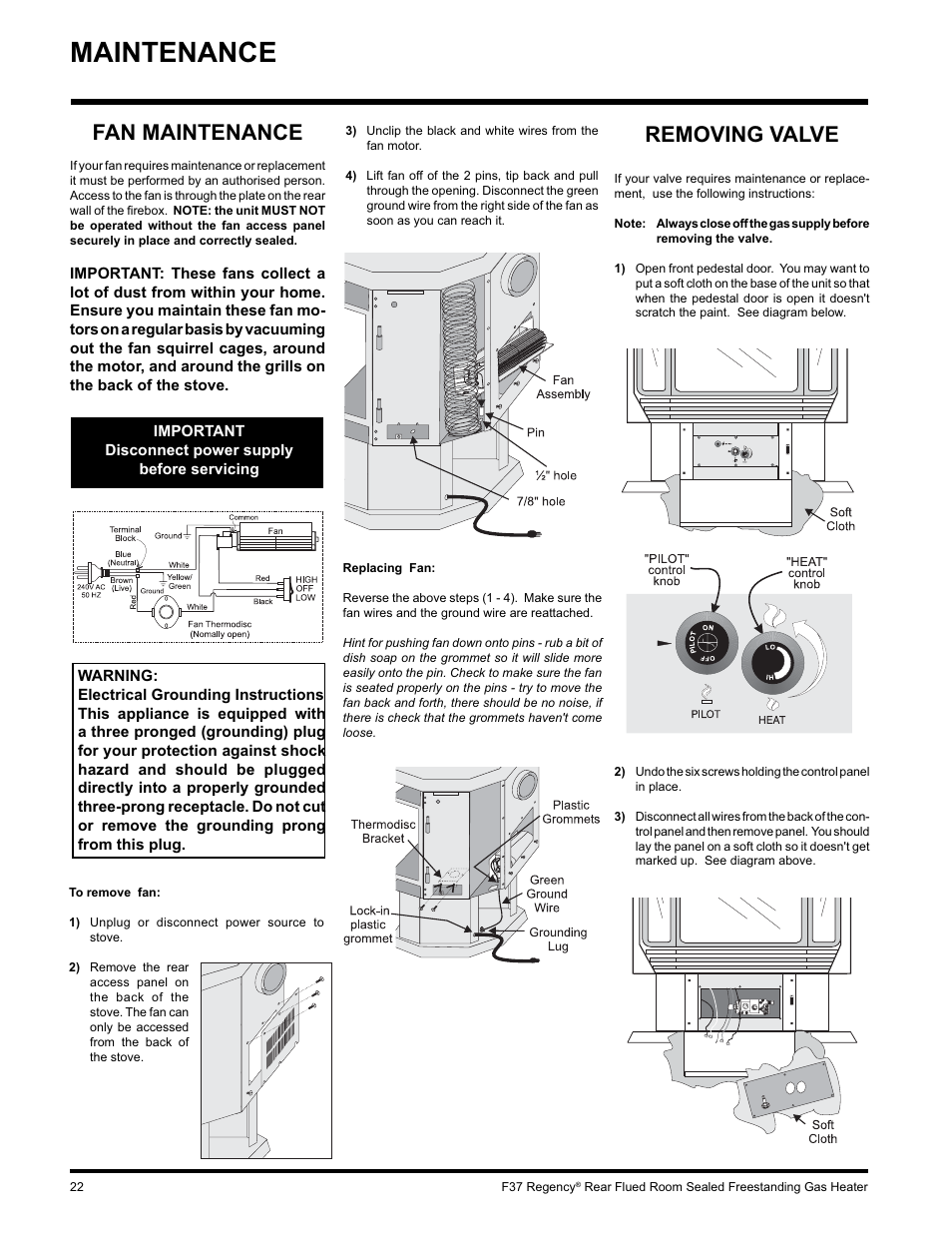 Maintenance, Removing valve, Fan maintenance | Regency F37-LPG User Manual | Page 22 / 28