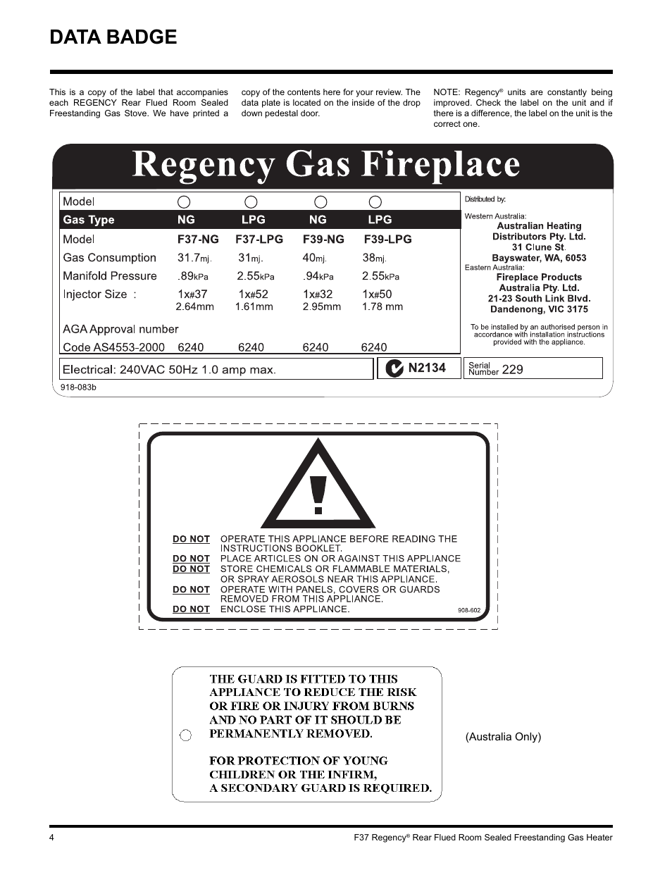 Data badge | Regency F37-LPG User Manual | Page 4 / 28