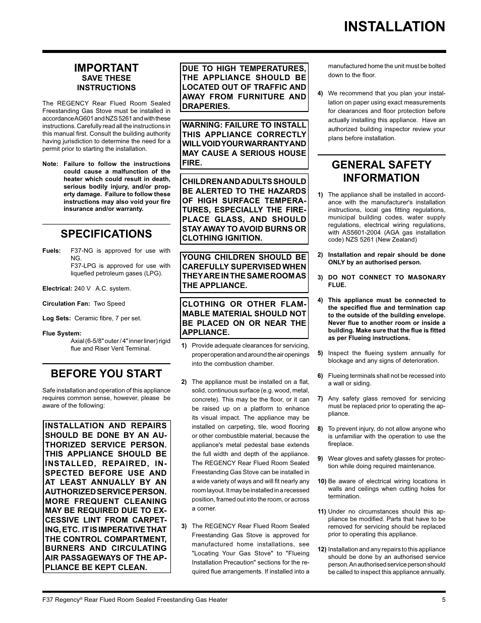 Installation, Important, Specifications | Before you start, General safety information | Regency F37-LPG User Manual | Page 5 / 28