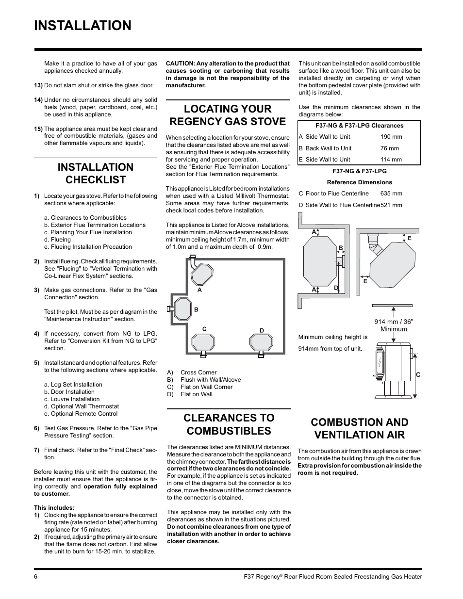 Installation, Installation checklist, Locating your regency gas stove | Clearances to combustibles, Combustion and ventilation air | Regency F37-LPG User Manual | Page 6 / 28