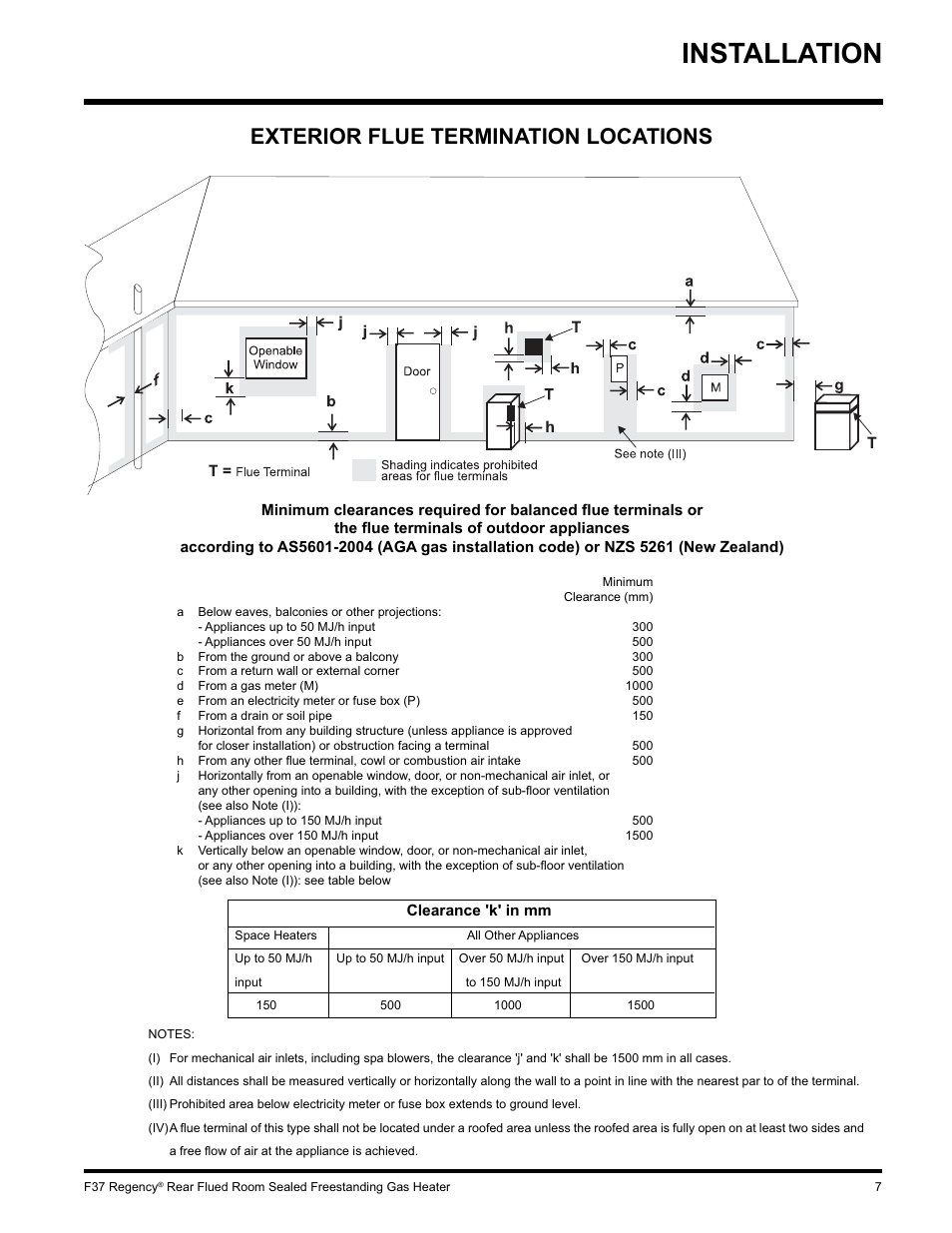 Installation, Exterior flue termination locations | Regency F37-LPG User Manual | Page 7 / 28
