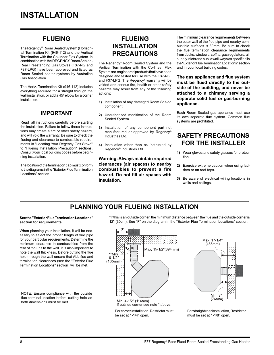 Installation, Planning your flueing installation, Flueing | Flueing installation precautions, Safety precautions for the installer, Important | Regency F37-LPG User Manual | Page 8 / 28