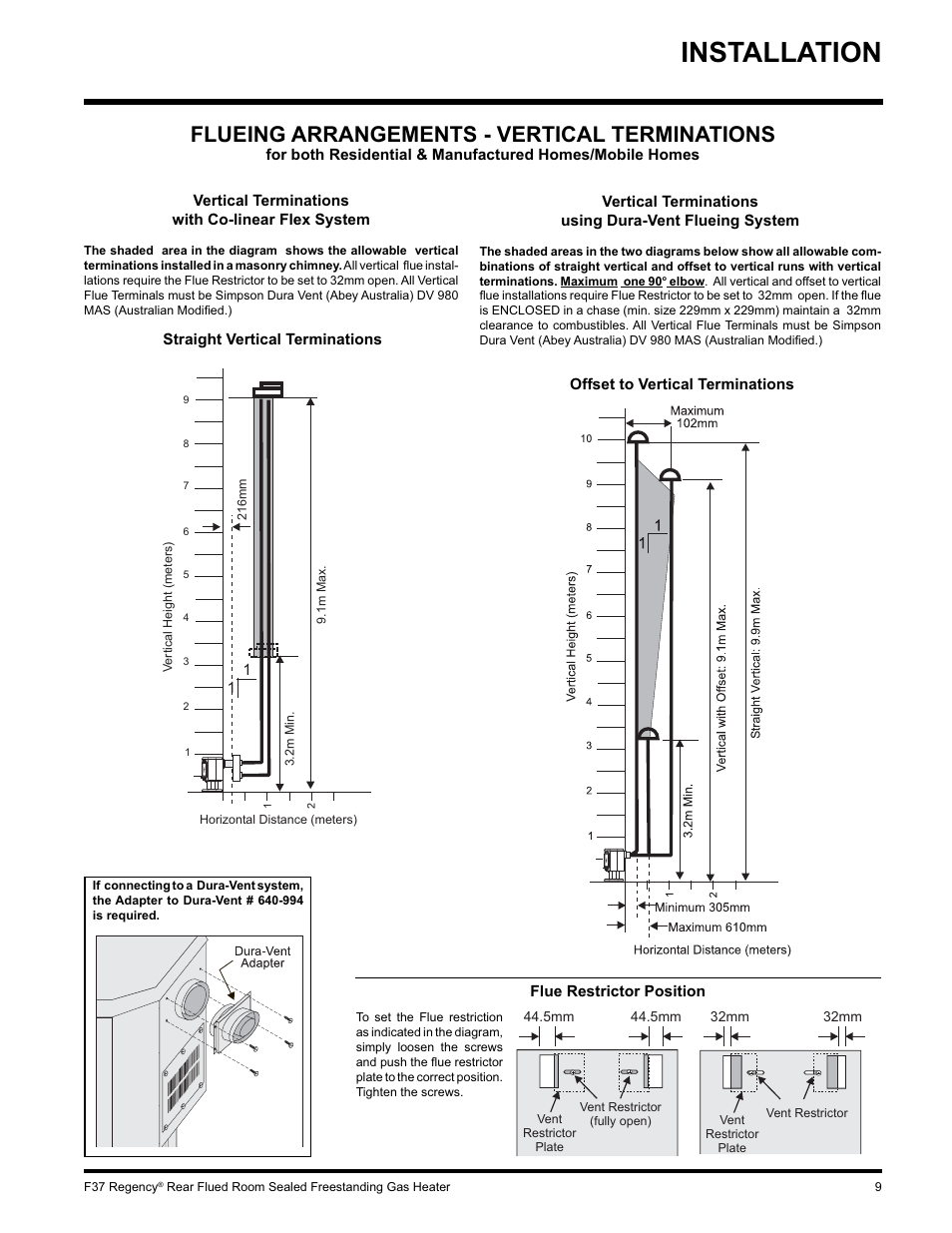 Installation, Flueing arrangements - vertical terminations | Regency F37-LPG User Manual | Page 9 / 28