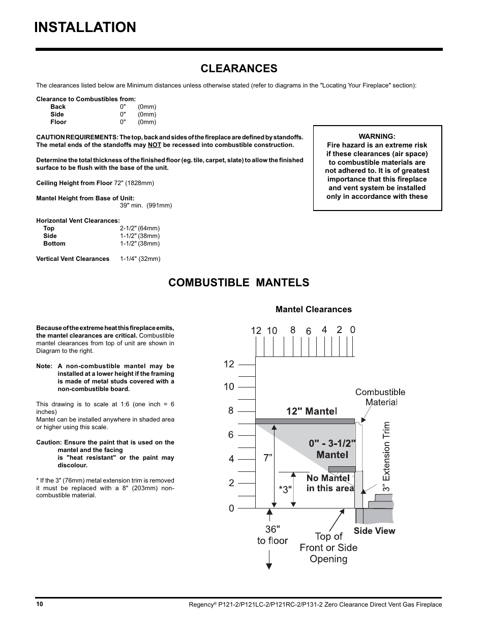 Installation, Combustible mantels clearances, Mantel clearances | Regency P121 User Manual | Page 10 / 48