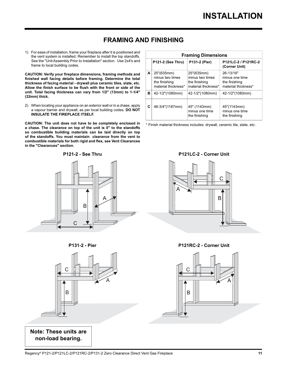 Installation, Framing and finishing, Bc a | Regency P121 User Manual | Page 11 / 48
