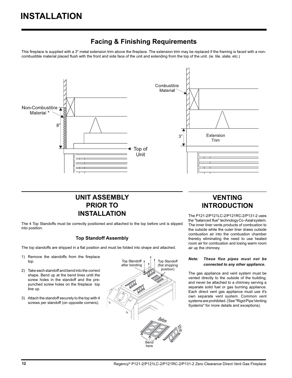 Installation, Venting introduction, Unit assembly prior to installation | Facing & finishing requirements | Regency P121 User Manual | Page 12 / 48