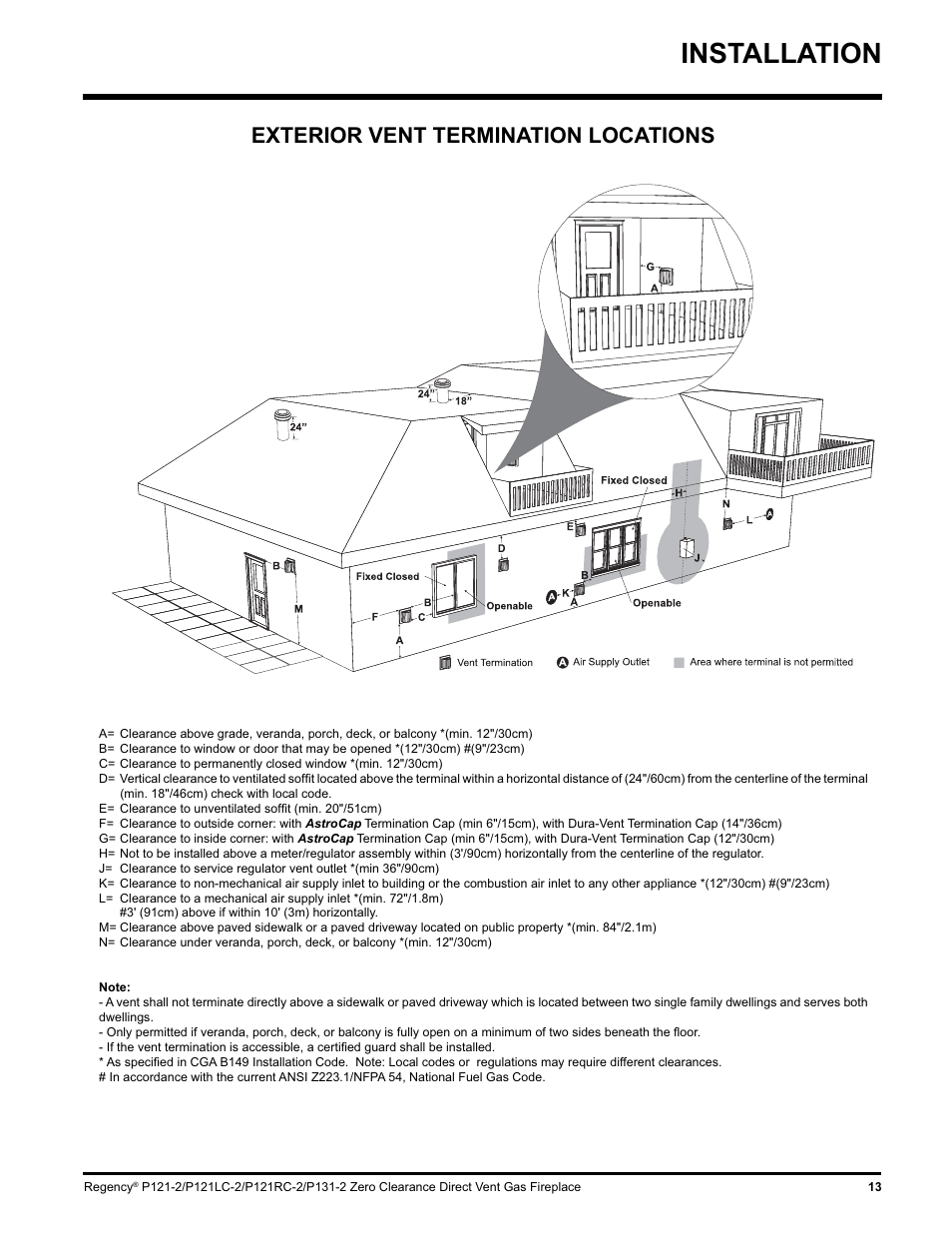 Installation, Exterior vent termination locations | Regency P121 User Manual | Page 13 / 48