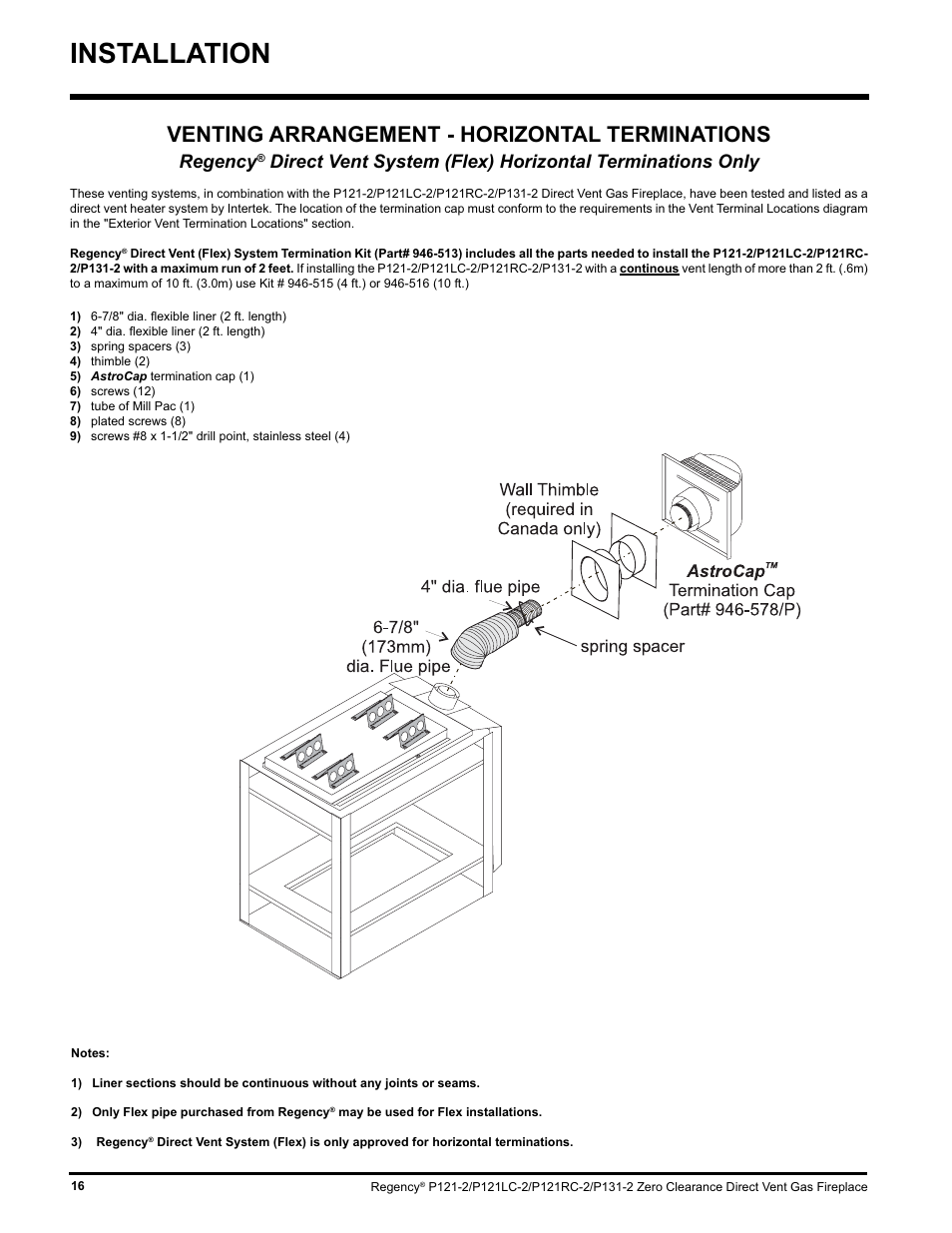 Installation, Venting arrangement - horizontal terminations, Regency | Regency P121 User Manual | Page 16 / 48