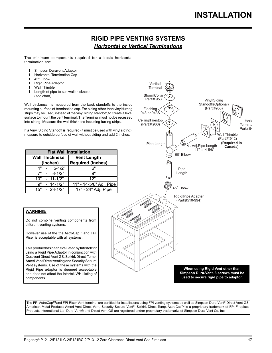 Installation, Rigid pipe venting systems, Horizontal or vertical terminations | Regency P121 User Manual | Page 17 / 48