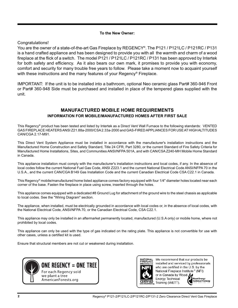 Manufactured mobile home requirements | Regency P121 User Manual | Page 2 / 48