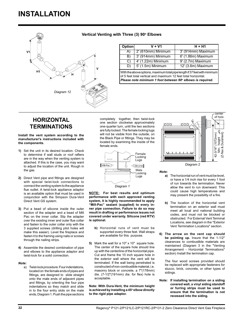 Installation, Horizontal terminations | Regency P121 User Manual | Page 22 / 48