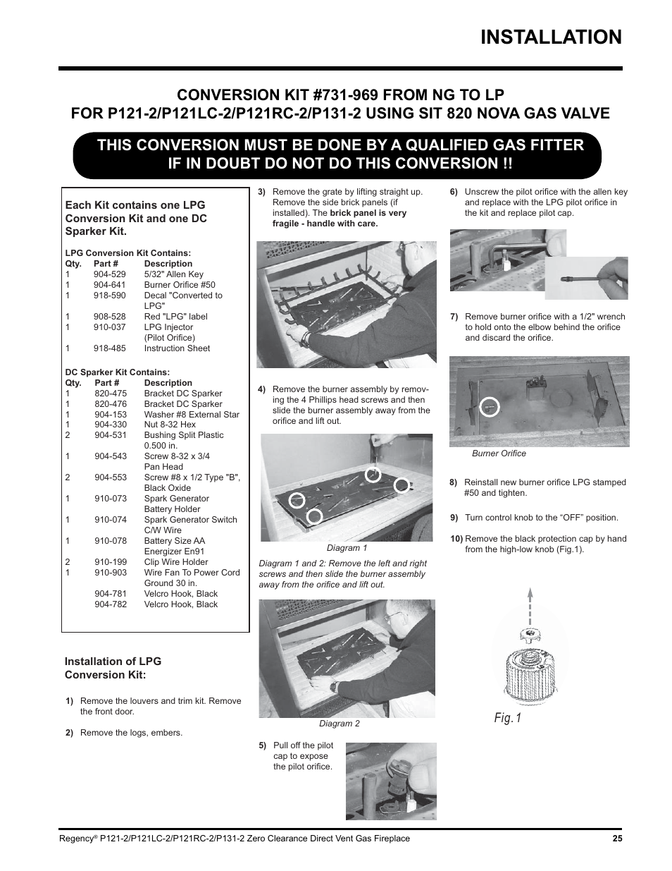 Installation, Fig. 1 | Regency P121 User Manual | Page 25 / 48