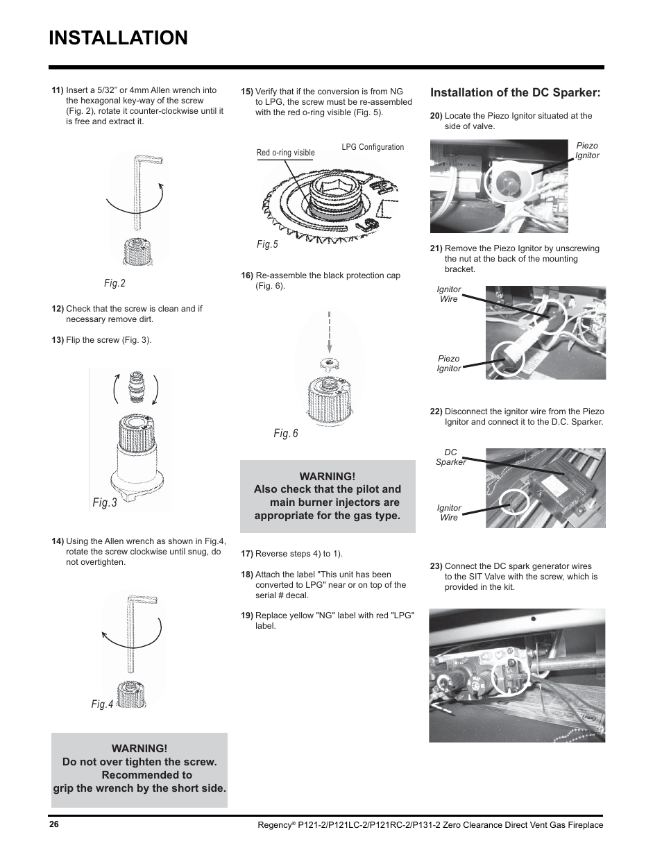 Installation, Fig.3, Fig. 6 installation of the dc sparker | Regency P121 User Manual | Page 26 / 48