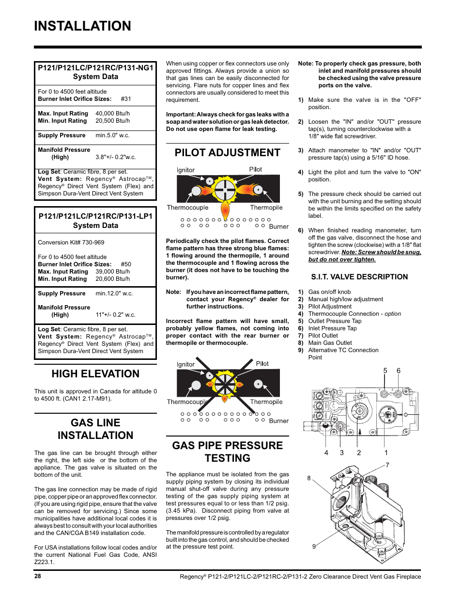 Installation, Gas pipe pressure testing, Pilot adjustment high elevation | Gas line installation | Regency P121 User Manual | Page 28 / 48