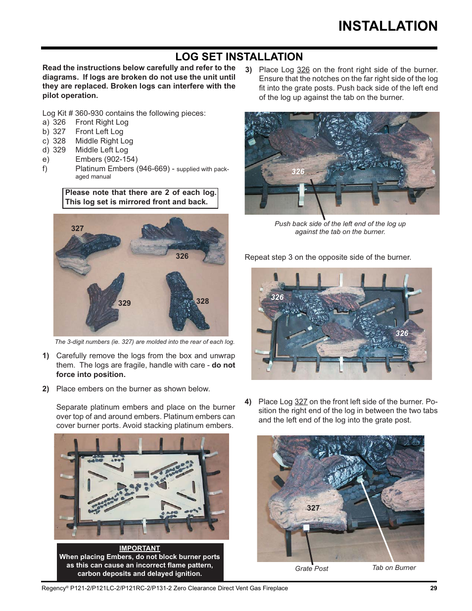 Installation, Log set installation | Regency P121 User Manual | Page 29 / 48