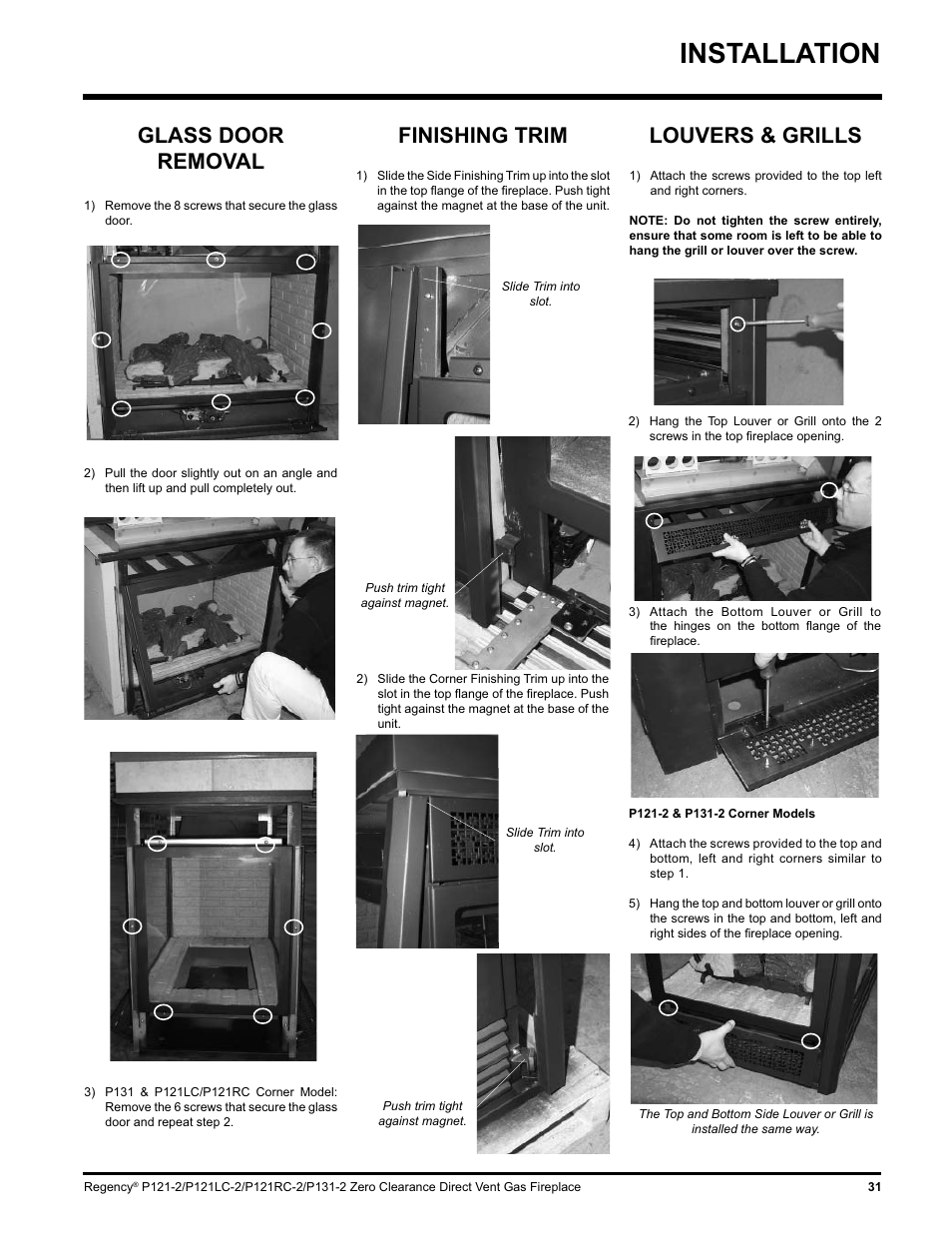 Installation, Glass door removal, Finishing trim | Louvers & grills | Regency P121 User Manual | Page 31 / 48