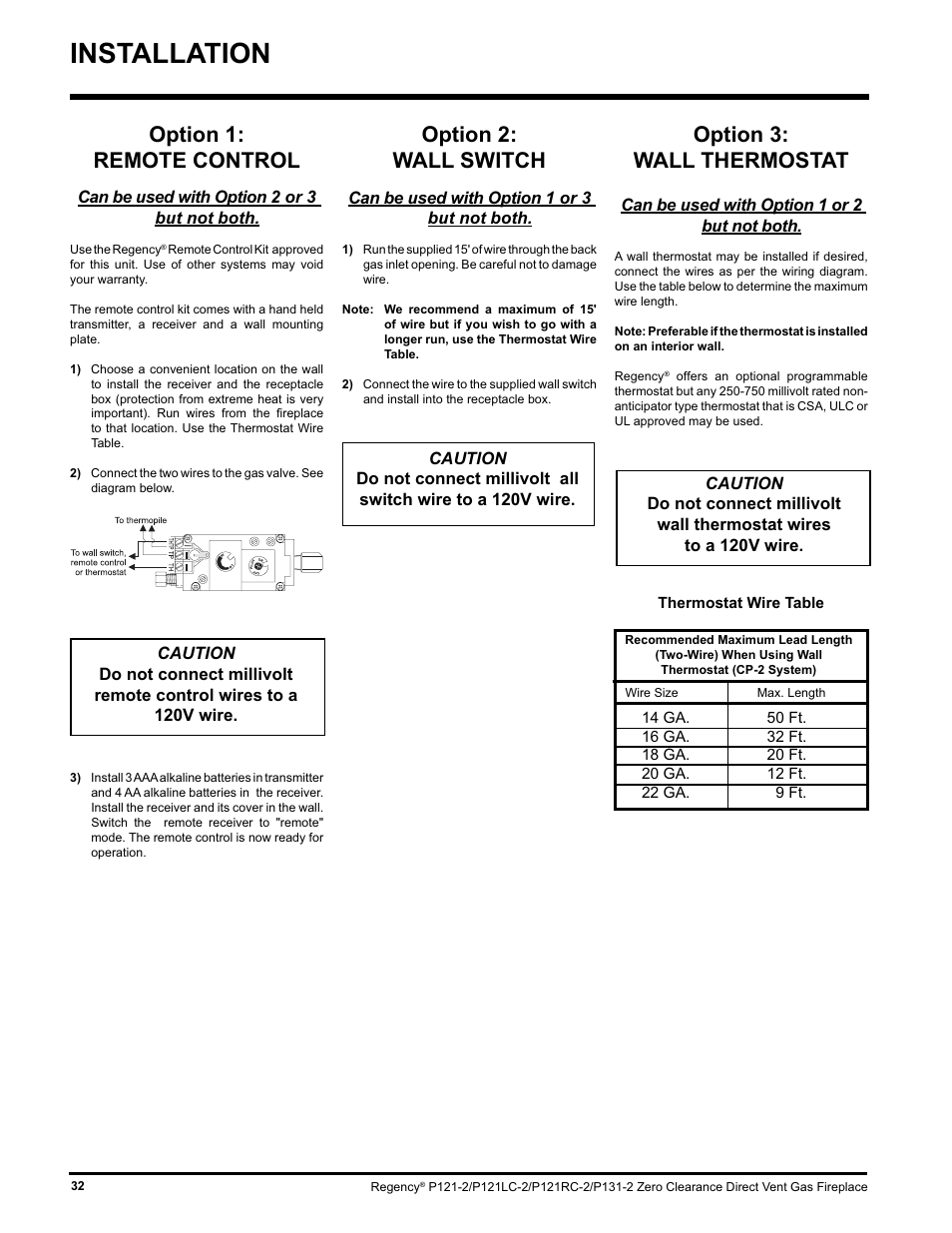 Installation, Option 1: remote control, Option 2: wall switch | Option 3: wall thermostat | Regency P121 User Manual | Page 32 / 48