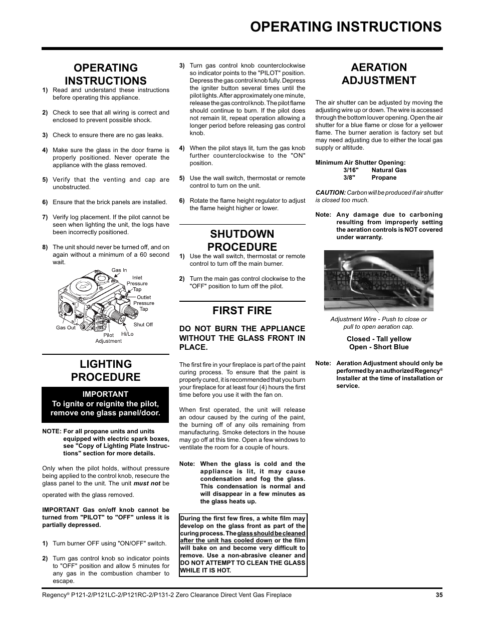 Operating instructions, Lighting procedure, Shutdown procedure | First fire, Aeration adjustment | Regency P121 User Manual | Page 35 / 48